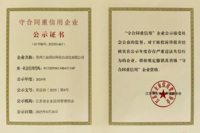 科佳喜訊丨蟬聯(lián)“守合同重信用”認(rèn)證與省級(jí)信用協(xié)會(huì)會(huì)員殊榮